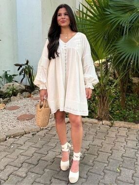 Mable Jocelyn Linen Pintuck Off-white Button Front Relaxed Fit Boho Short Dress